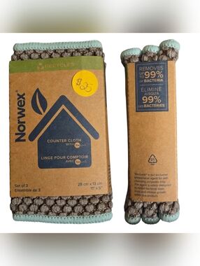 Norwex Brown Counter Cloths with Mint Trim - Pack of 3